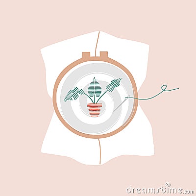 Top view of a embroider a flower, sewing needles, creative workshop Vector Illustration